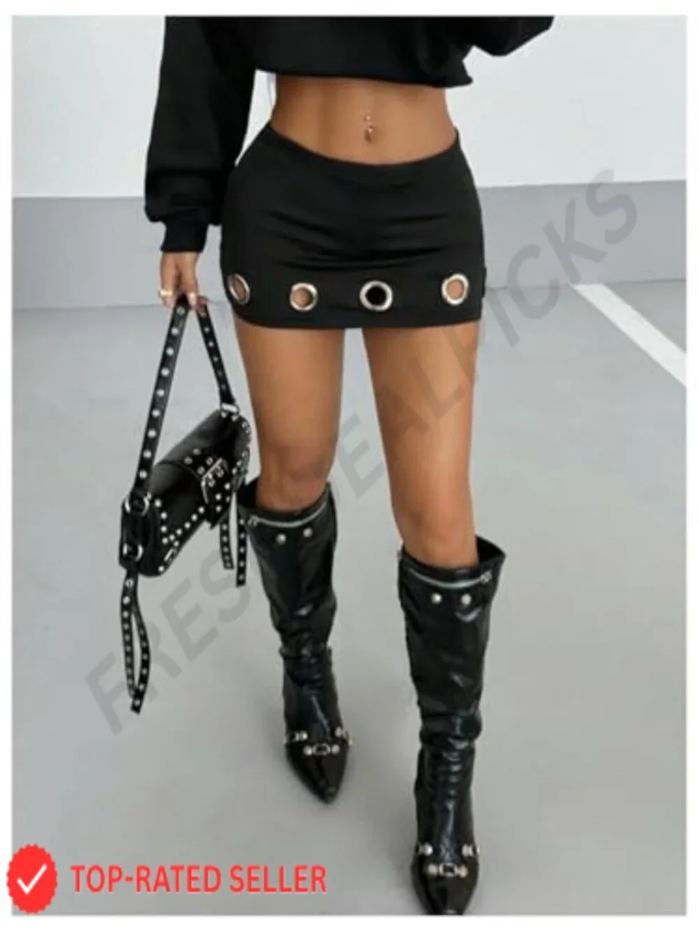Punk Grommet Eyelet Micro Skirt Bodycon Mini with Built-in Shorts